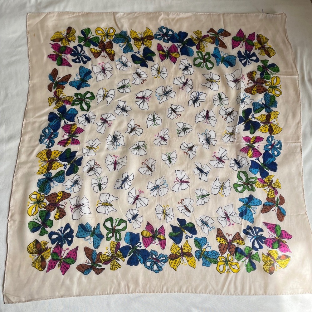 Vintage Sunny Tops Butterfly Silk Blend Scarf Made in‎ Japan 23x23